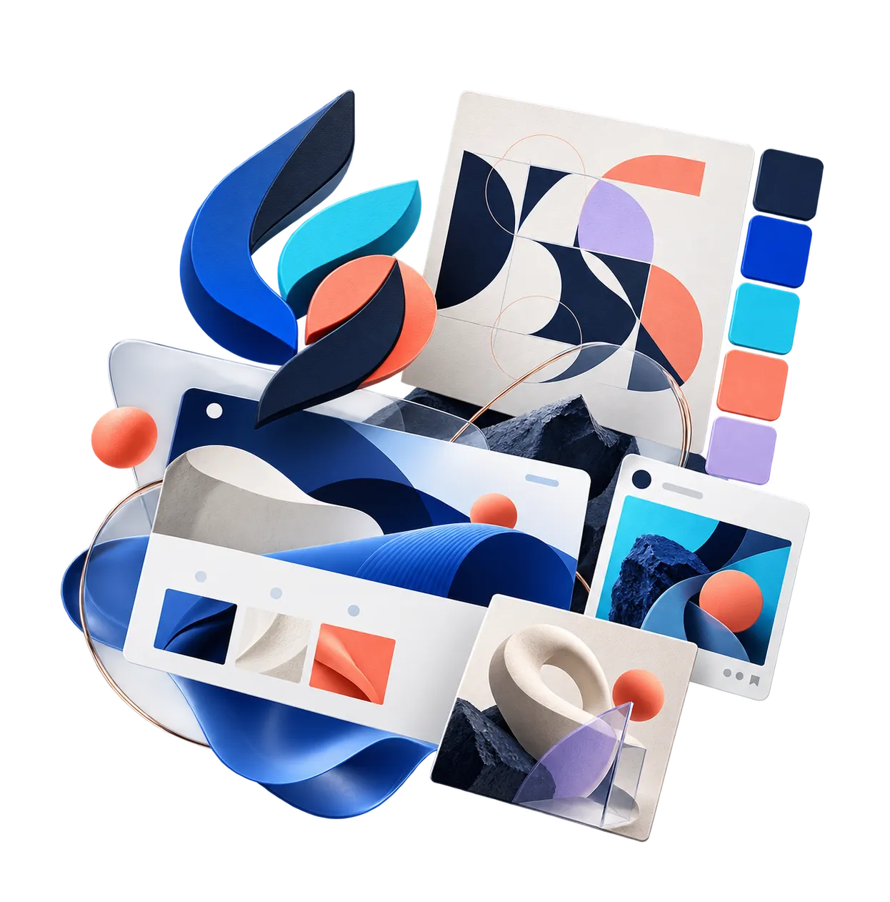 Layered brand identity, website, social and campaign design elements forming one visual system