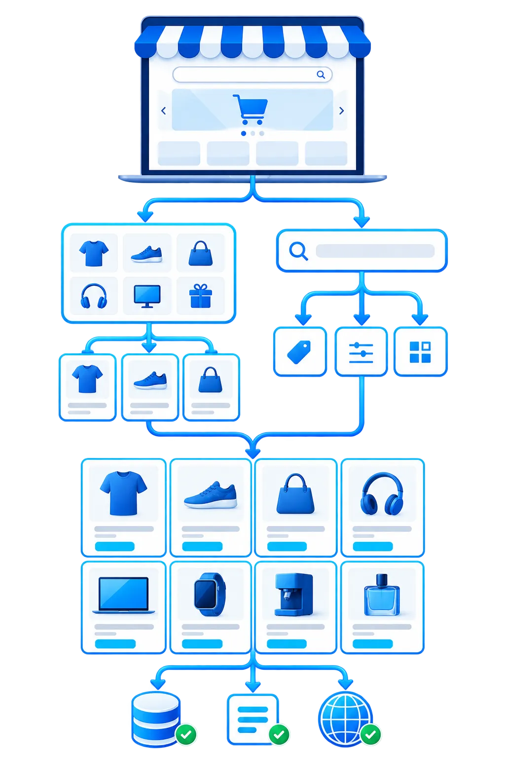 Illustration of a discoverable ecommerce catalog connecting storefront, categories, search, products and controlled indexing